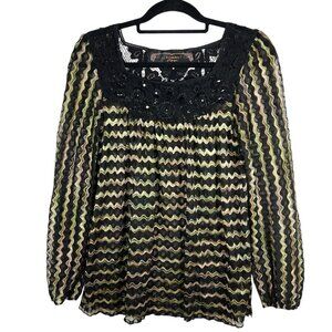New Romantics Free People Chevron Knit Crochet Lace Beaded Blouse Loose Sz Small